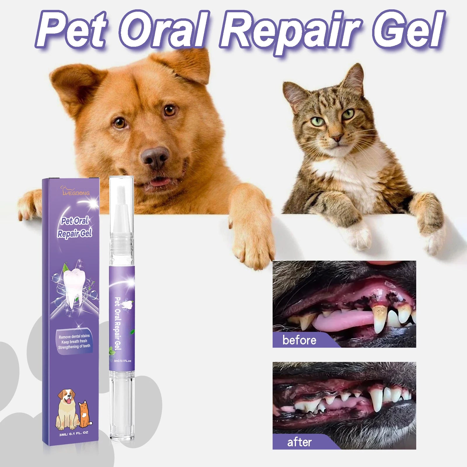 Pet Dental Care Gel 3Ml Teeth Cleaning Pen for Dogs and Cats Fresh Breath Tartar Control Soothes Gums Easy Baking Soda Formula
