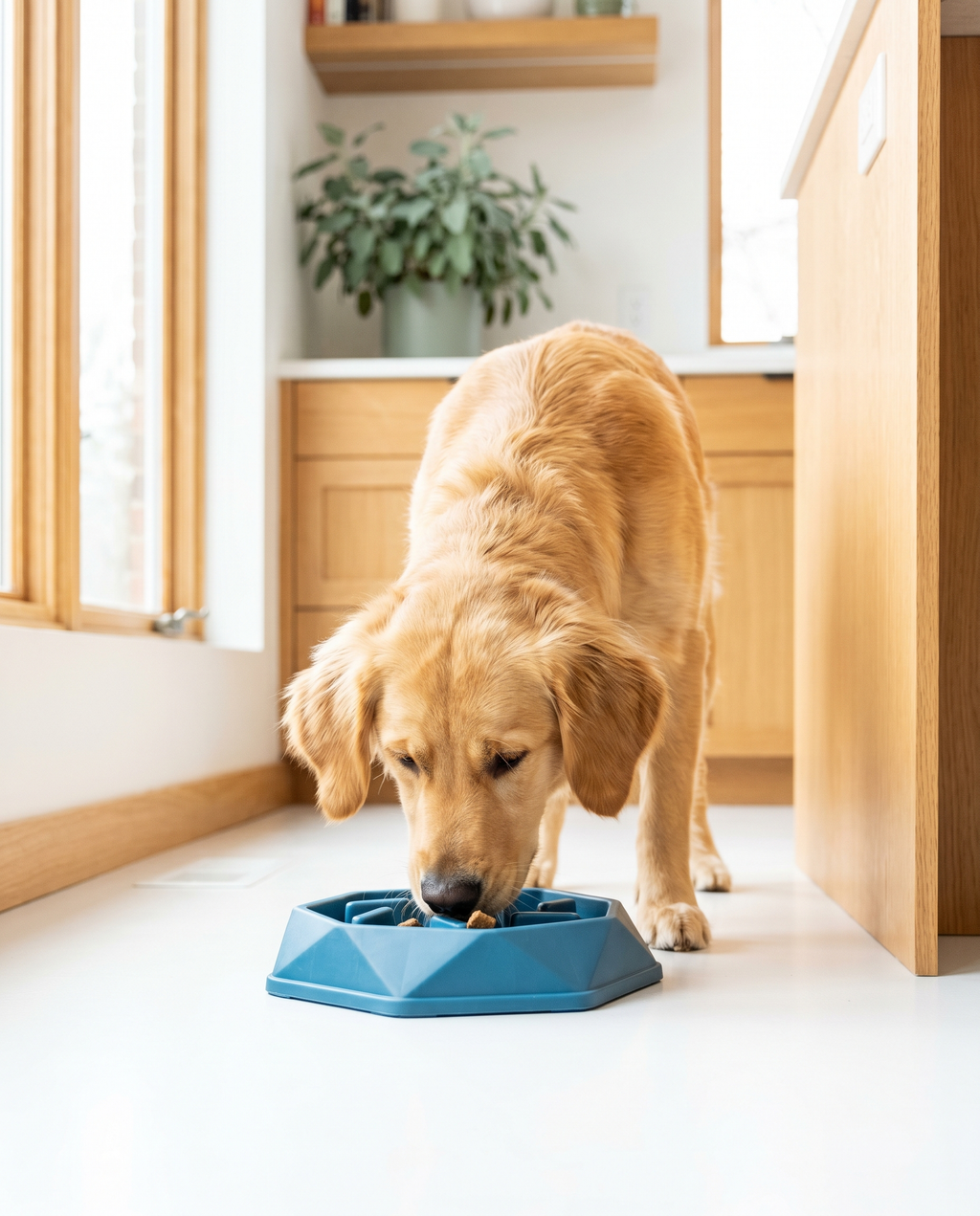 Golden Retriever using CalmPaws slow feeder puzzle bowl