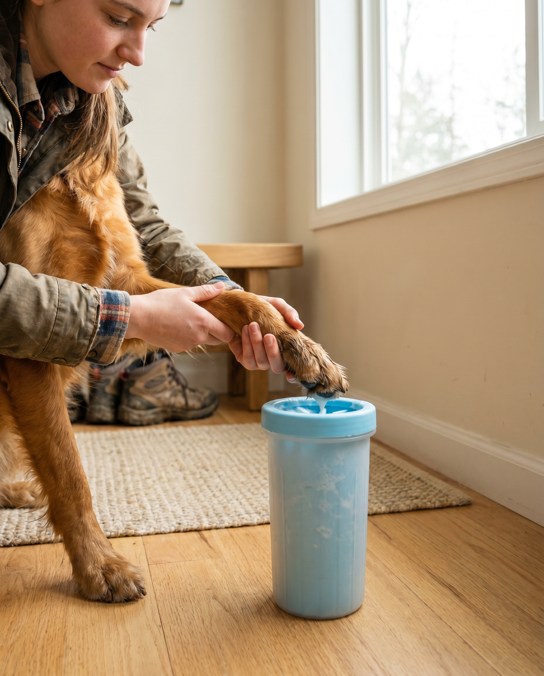 Cleaning a Golden Retriever's muddy paw with CalmPaws portable cleaner cup